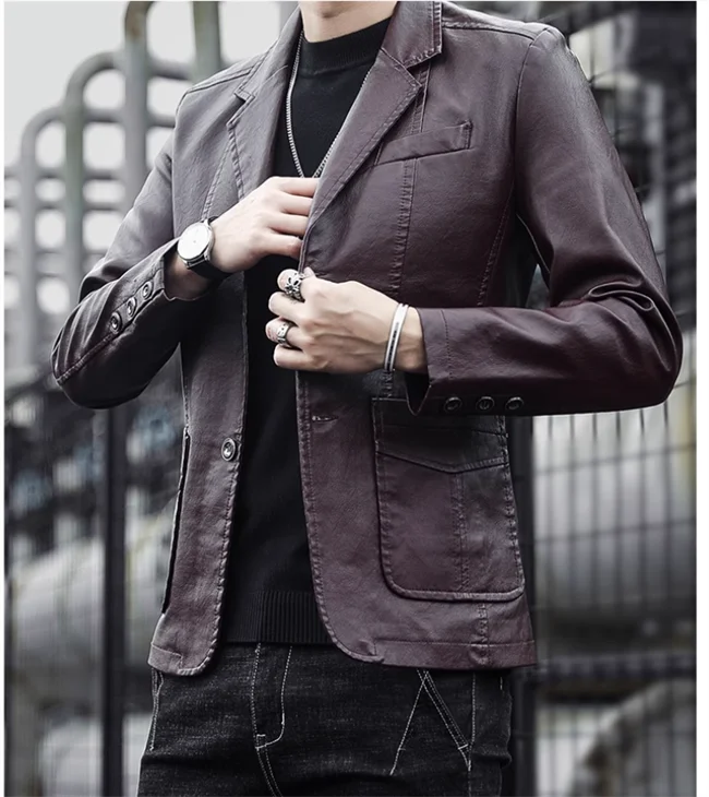 2024 New Men Business Casual Leather Jacket Black / khaki Fashion Male Suit Collar Coats Large Size 5XL Slim Fit Top - Image 18
