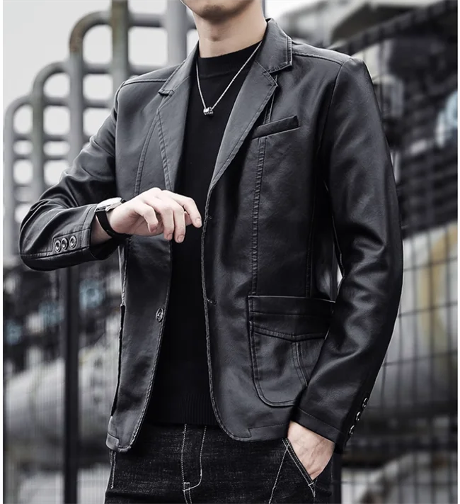 2024 New Men Business Casual Leather Jacket Black / khaki Fashion Male Suit Collar Coats Large Size 5XL Slim Fit Top - Image 20