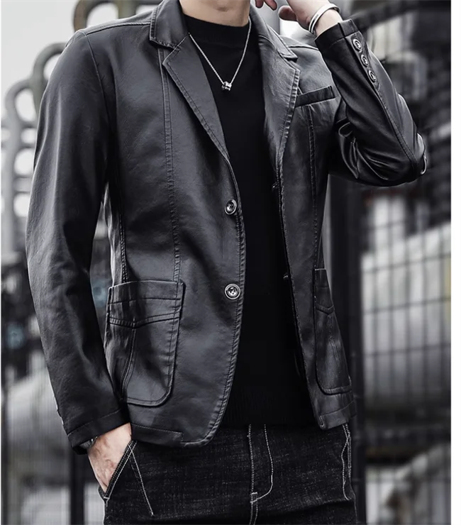 2024 New Men Business Casual Leather Jacket Black / khaki Fashion Male Suit Collar Coats Large Size 5XL Slim Fit Top - Image 22
