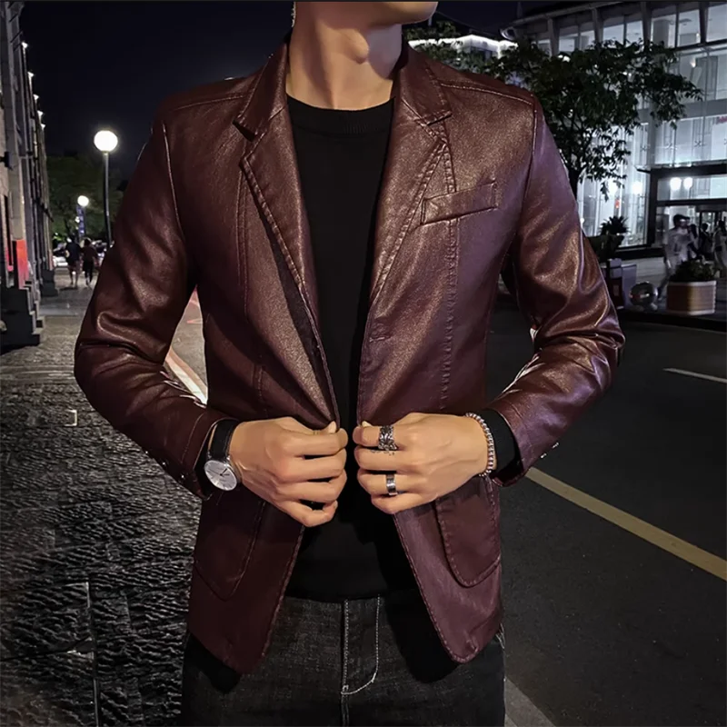 2024 New Men Business Casual Leather Jacket Black / khaki Fashion Male Suit Collar Coats Large Size 5XL Slim Fit Top - Image 6