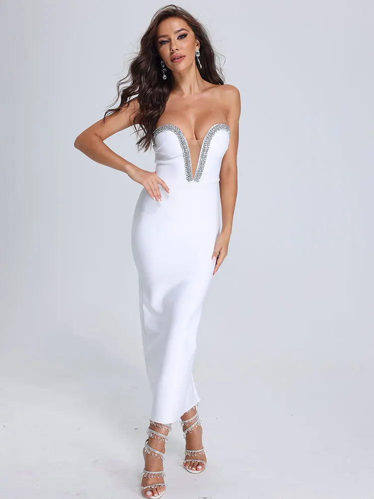 2024 Sexy Women's White Bandage Dress Strapless Sleeveless Diamond Design Bodycon Off Back Midi Dresses Evening Party Vestidos - Image 7