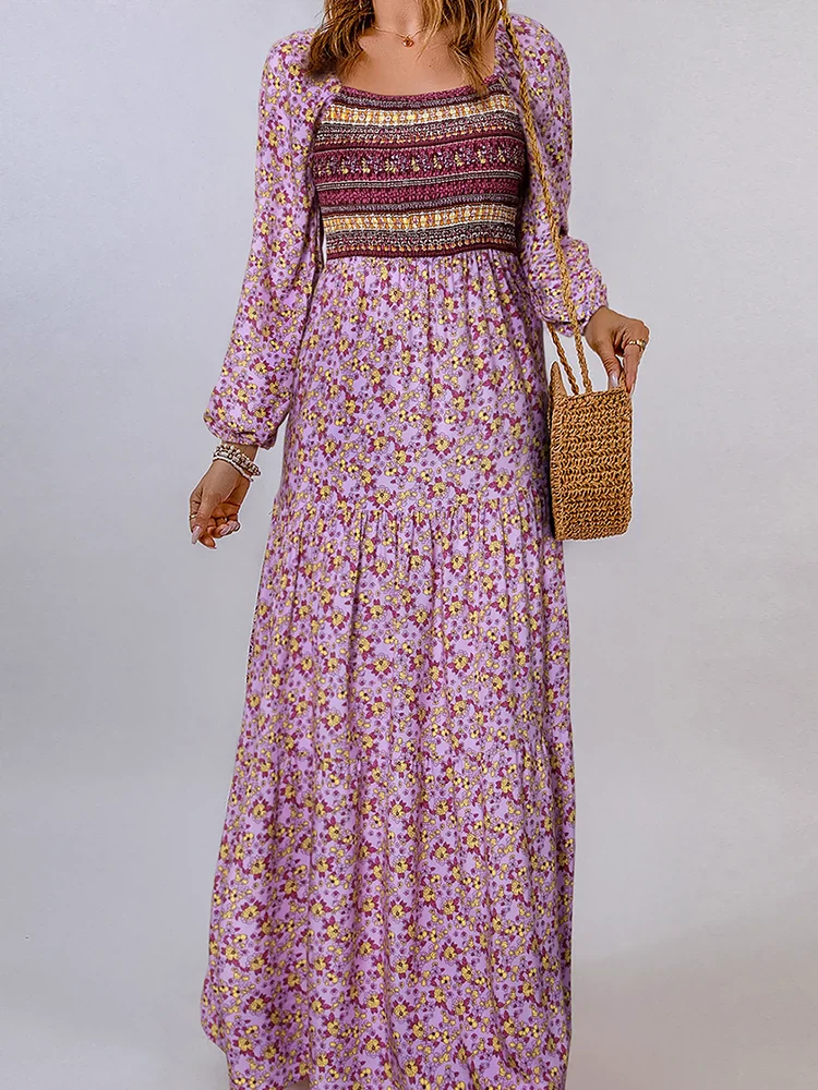 2024 Spring New Arrival Florals Print Ruffles Women's Dress Fashion Ethnic Style Long Sleeve High Waist Long Dress Women - Image 2