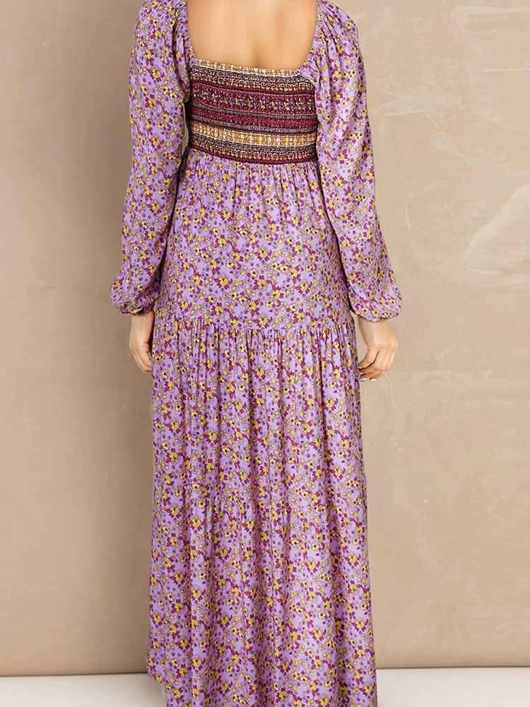2024 Spring New Arrival Florals Print Ruffles Women's Dress Fashion Ethnic Style Long Sleeve High Waist Long Dress Women - Image 3