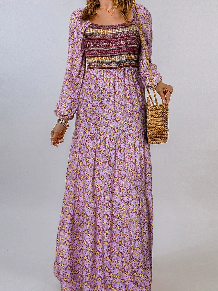 2024 Spring New Arrival Florals Print Ruffles Women's Dress Fashion Ethnic Style Long Sleeve High Waist Long Dress Women - Image 4