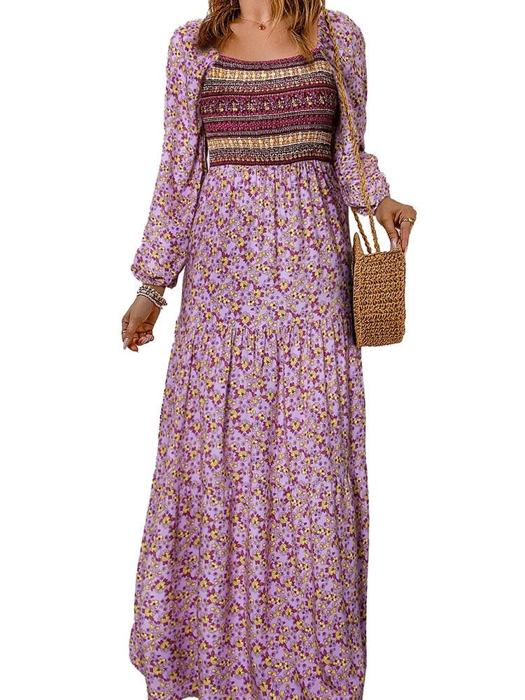 2024 Spring New Arrival Florals Print Ruffles Women's Dress Fashion Ethnic Style Long Sleeve High Waist Long Dress Women - Image 5