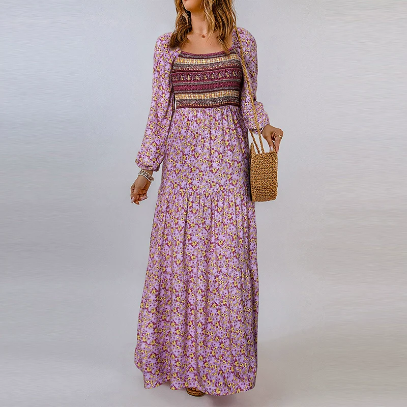 2024 Spring New Arrival Florals Print Ruffles Women's Dress Fashion Ethnic Style Long Sleeve High Waist Long Dress Women - Image 6