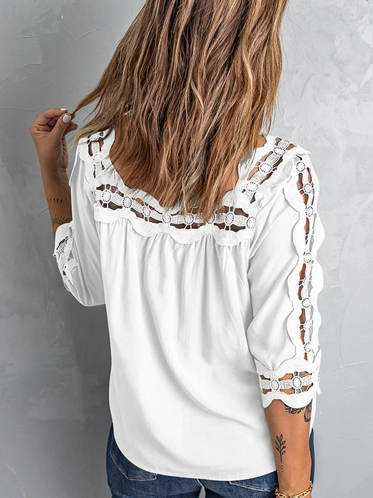 2024 Spring New Half Sleeve T-shirt Women's Pure Color European and American All-Matching Tops Loose Cut Out Square Collar Lace Shirt - Image 2