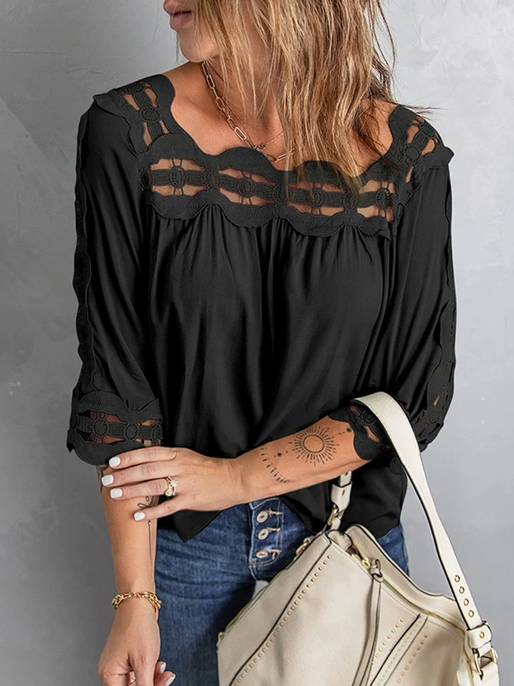 2024 Spring New Half Sleeve T-shirt Women's Pure Color European and American All-Matching Tops Loose Cut Out Square Collar Lace Shirt - Image 3