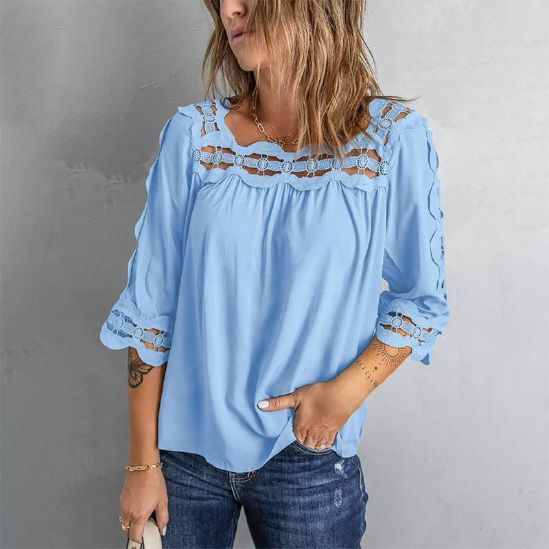 2024 Spring New Half Sleeve T-shirt Women's Pure Color European and American All-Matching Tops Loose Cut Out Square Collar Lace Shirt - Image 7