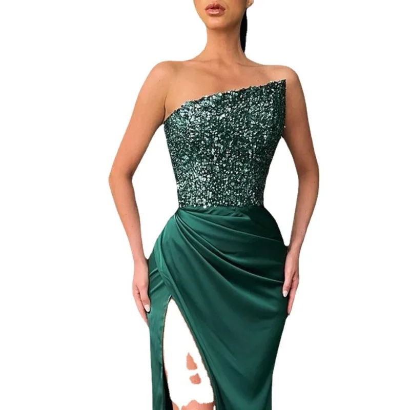 2024 Spring Summer New Green Sequined Fairy Long Sleeveless Fashion Dress Mid Evening Dress Strapless Sexy Formal - Image 5