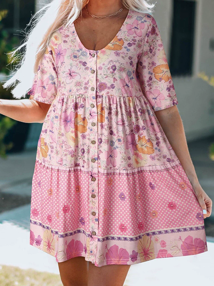 2024 Summer Loose Thin Short Sleeve Knee-Length Skirt Women's Fashion Florals Print Pullover V-neck Half Sleeve Jumpsuit Skirt - Image 2