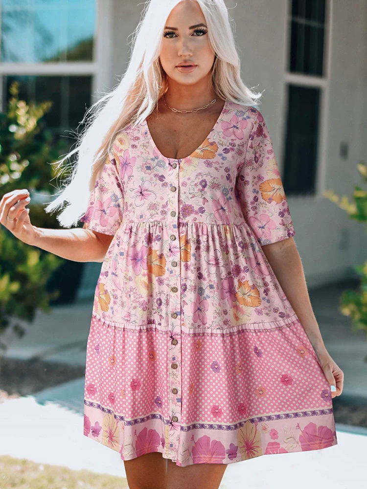 2024 Summer Loose Thin Short Sleeve Knee-Length Skirt Women's Fashion Florals Print Pullover V-neck Half Sleeve Jumpsuit Skirt - Image 3