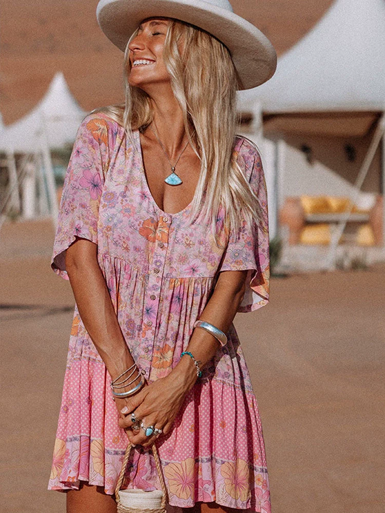 2024 Summer Loose Thin Short Sleeve Knee-Length Skirt Women's Fashion Florals Print Pullover V-neck Half Sleeve Jumpsuit Skirt - Image 4