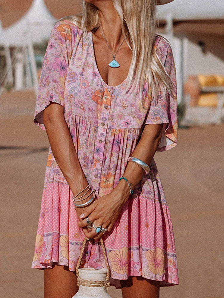 2024 Summer Loose Thin Short Sleeve Knee-Length Skirt Women's Fashion Florals Print Pullover V-neck Half Sleeve Jumpsuit Skirt - Image 5
