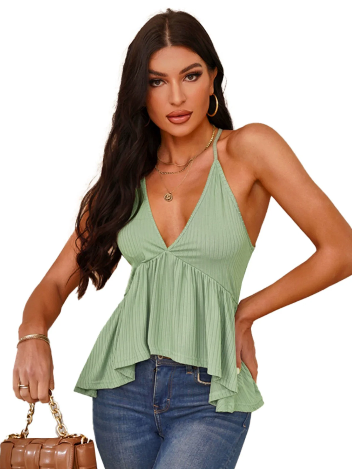 2024 Summer New Arrival Deep V Asymmetrical Hem Vest Women Fashion Solid Color Personalized Halterneck Sleeveless Pullover Women - Image 6