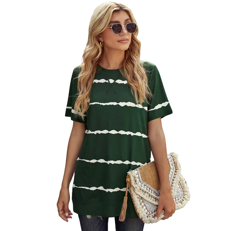 2024 Summer New Arrival Shoulder Stripes Short Sleeve T-shirt Female Fashion Casual Loose round Neck Pullover Three Quarter Sleeve Tops - Image 2