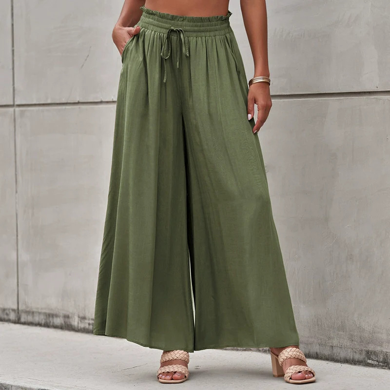 2024 Summer New Arrival Women's Casual Pants European and American Personalized Pure Color Elastic Waistband High Waist Thin Wide-Leg Pants Women - Image 11