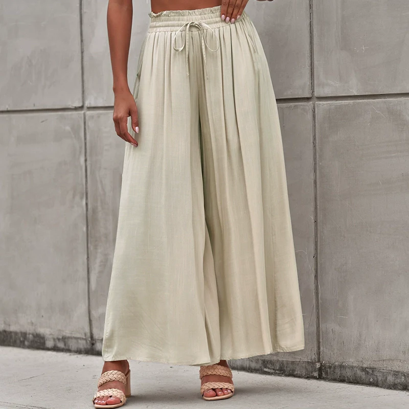2024 Summer New Arrival Women's Casual Pants European and American Personalized Pure Color Elastic Waistband High Waist Thin Wide-Leg Pants Women - Image 12