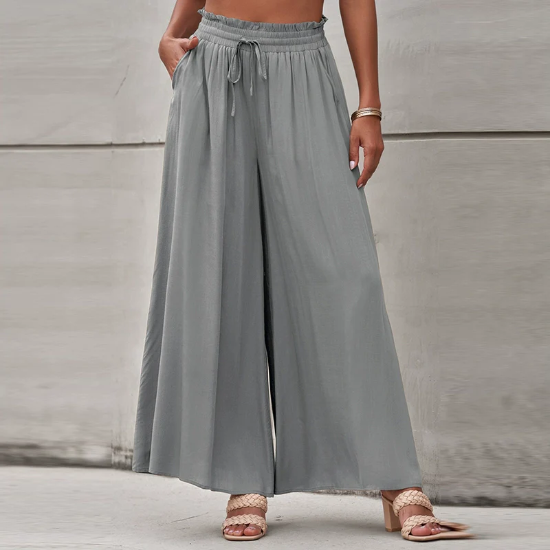 2024 Summer New Arrival Women's Casual Pants European and American Personalized Pure Color Elastic Waistband High Waist Thin Wide-Leg Pants Women - Image 13