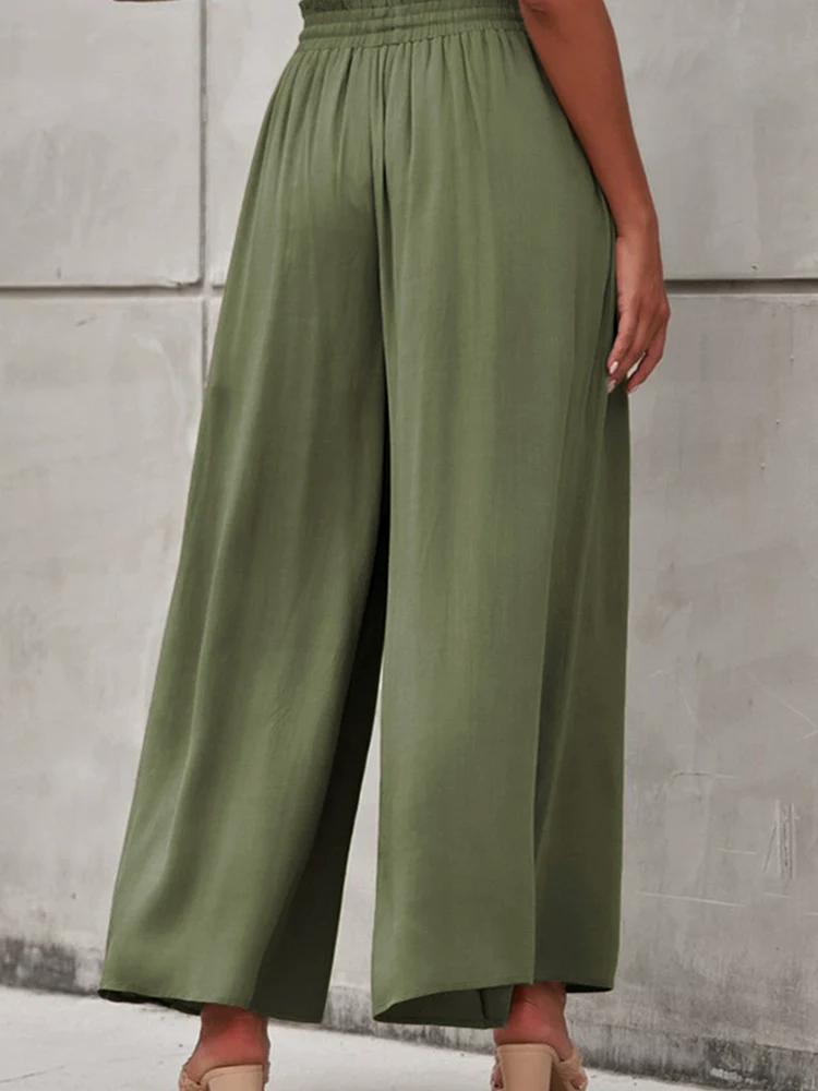 2024 Summer New Arrival Women's Casual Pants European and American Personalized Pure Color Elastic Waistband High Waist Thin Wide-Leg Pants Women - Image 3