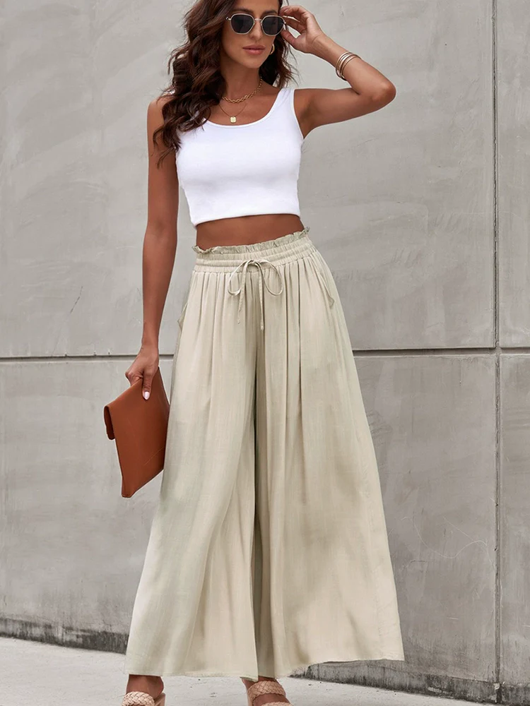 2024 Summer New Arrival Women's Casual Pants European and American Personalized Pure Color Elastic Waistband High Waist Thin Wide-Leg Pants Women - Image 4