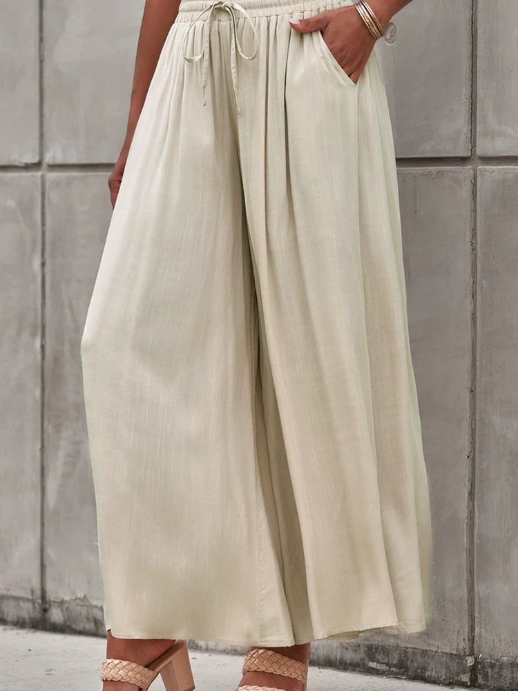 2024 Summer New Arrival Women's Casual Pants European and American Personalized Pure Color Elastic Waistband High Waist Thin Wide-Leg Pants Women - Image 5