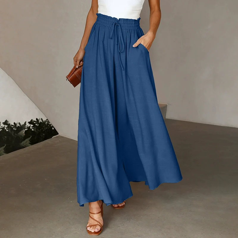 2024 Summer New Arrival Women's Casual Pants European and American Personalized Pure Color Elastic Waistband High Waist Thin Wide-Leg Pants Women - Image 7