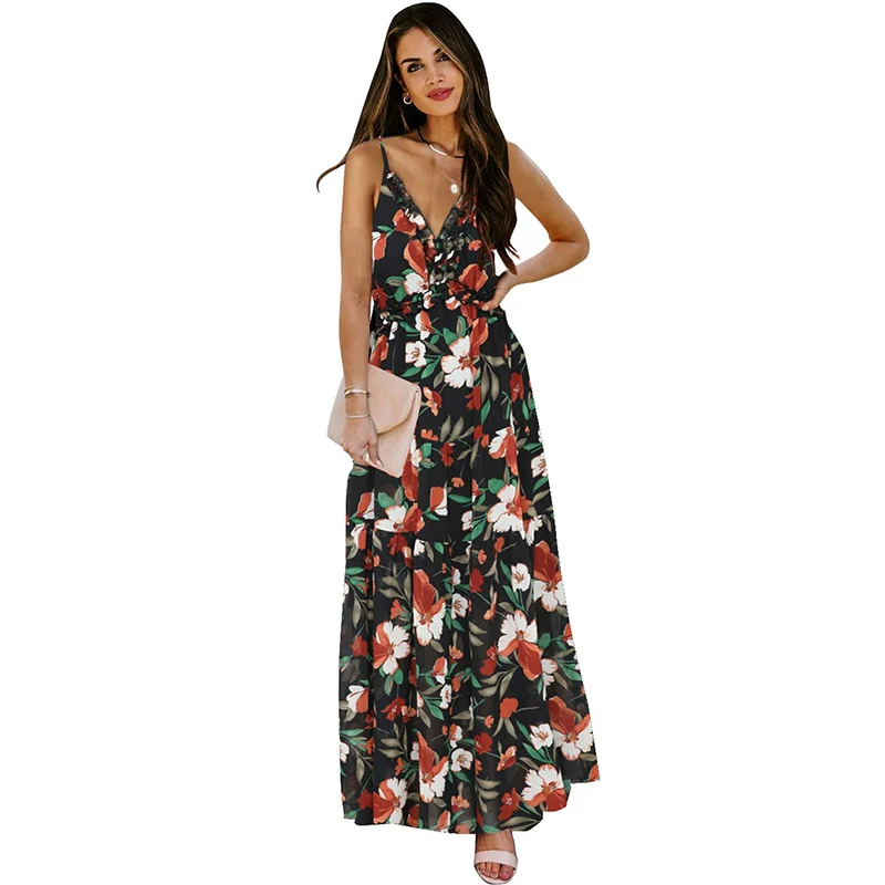 2024 Summer New Sexy Sling Dress Women's Fashion Vacation Style Stylish Floral Print Pullover Long Dress Women - Image 8