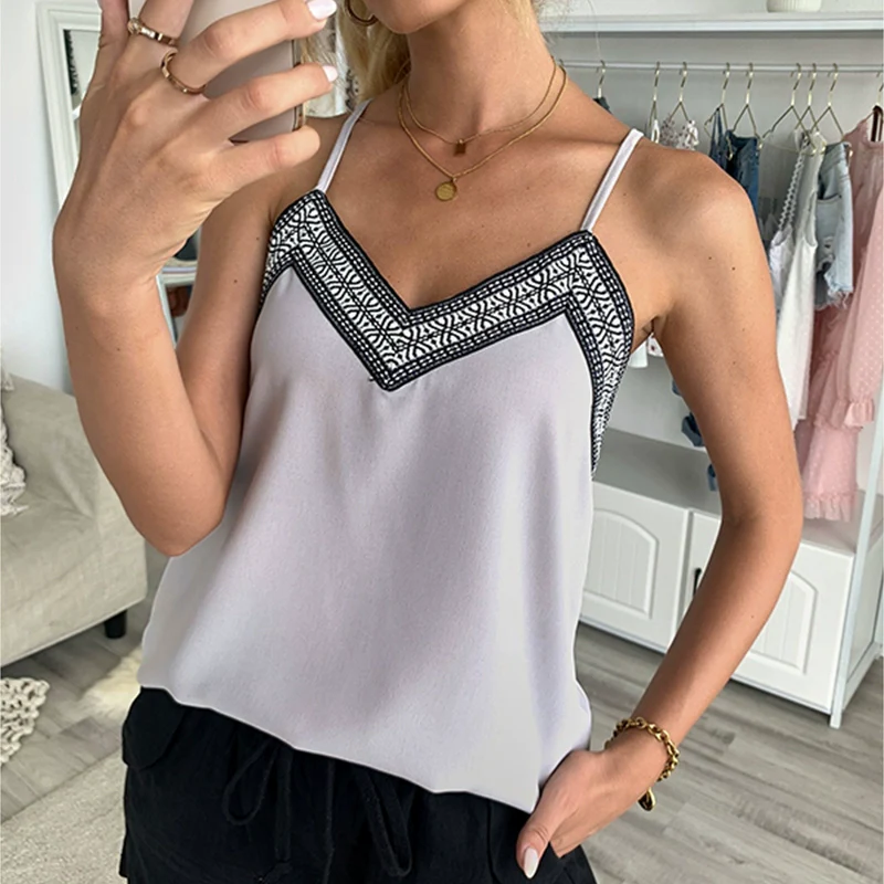 2024 Summer Retro V-neck Spaghetti Straps Sleeveless T-shirt Vest - Image 6