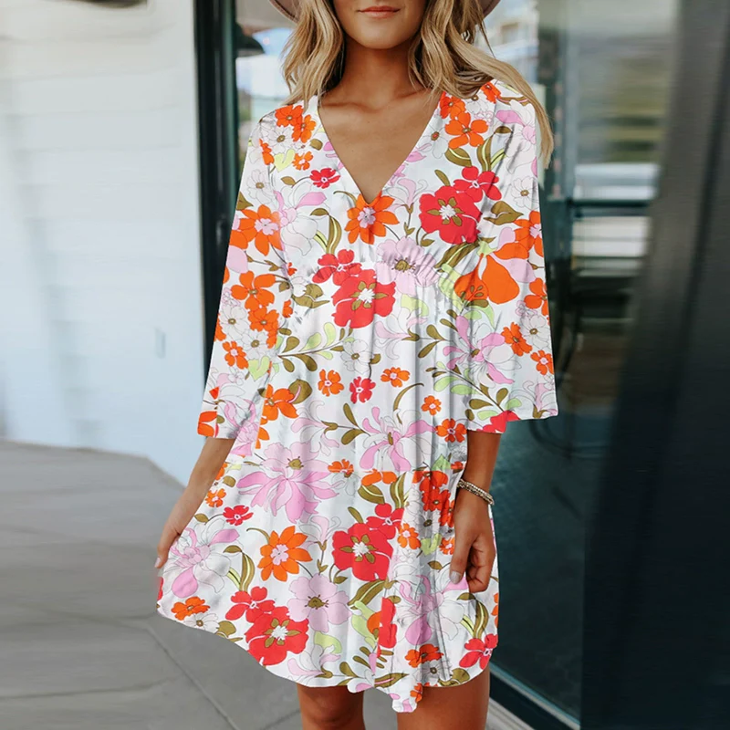 2024 Summer Thin Three-Quarter Sleeve Dress Women Fashion New Arrival Pullover V-neck Fashion Floral Knee-Length Skirt Women - Image 5