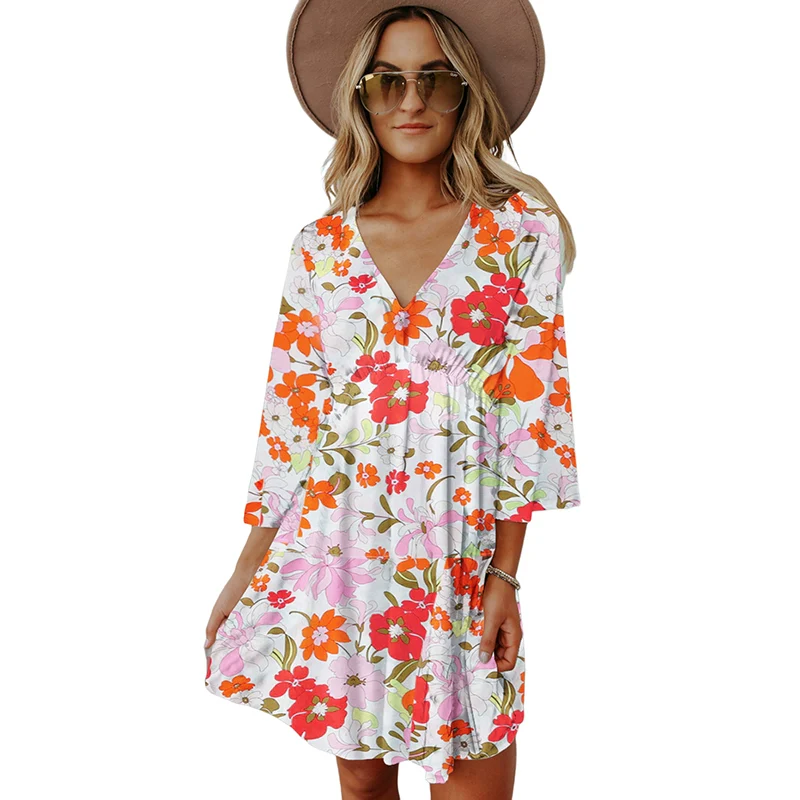 2024 Summer Thin Three-Quarter Sleeve Dress Women Fashion New Arrival Pullover V-neck Fashion Floral Knee-Length Skirt Women - Image 6