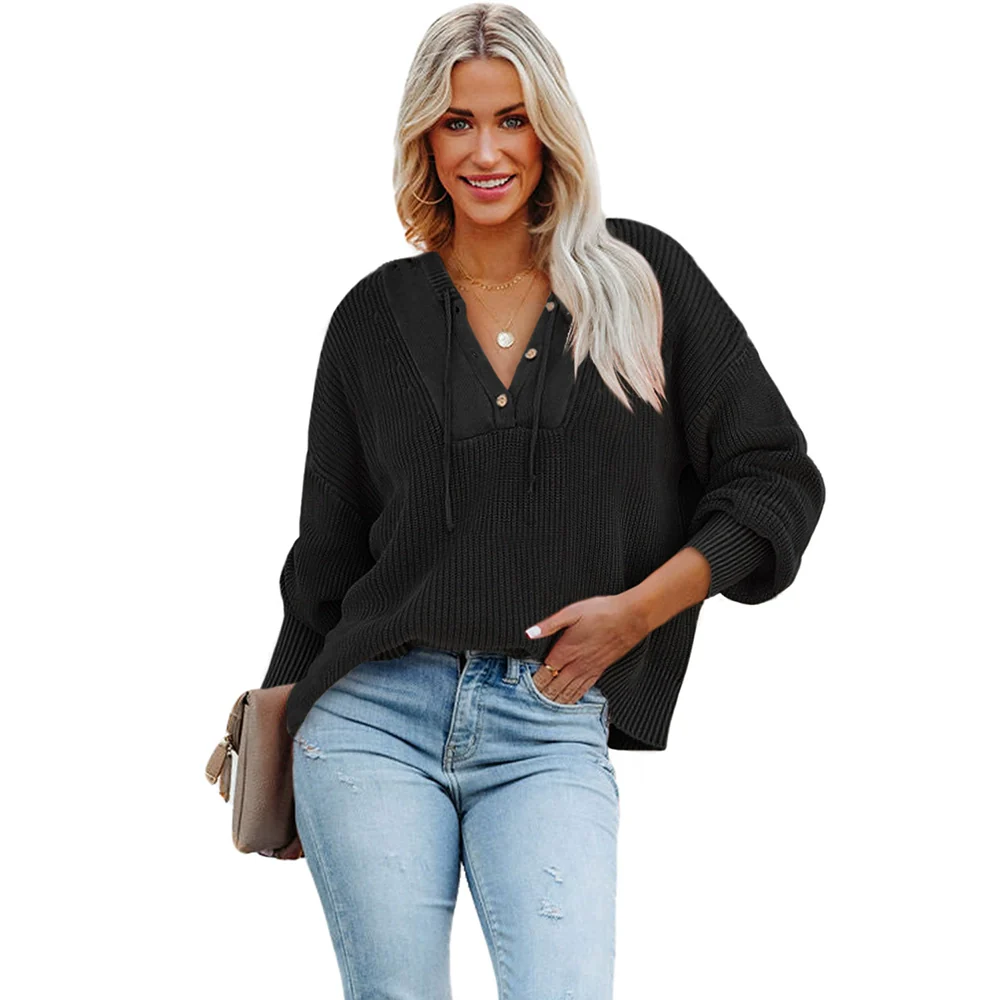2024 Winter New Arrival Half Cardigan Hooded Pullover Sweater Female Fashion Style Ladies Pure Color Long Sleeves Knitwear Female - Image 8