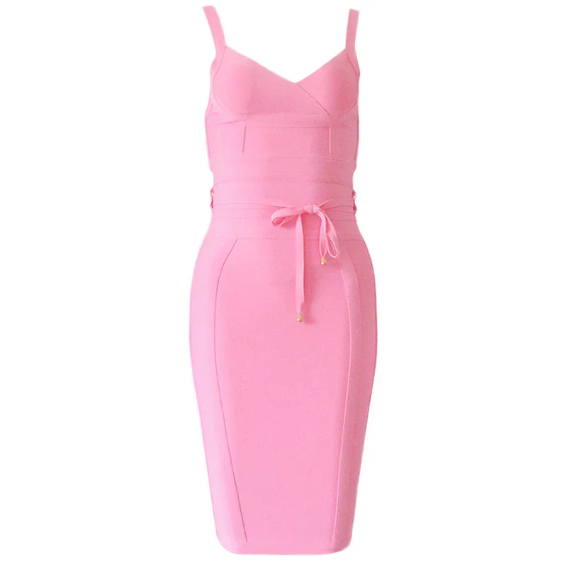 2024 women white summer mid-length dress Sexy Lady Belt Spaghetti Strap Bandage Dress Party Club V Neck Bodycon - Image 13