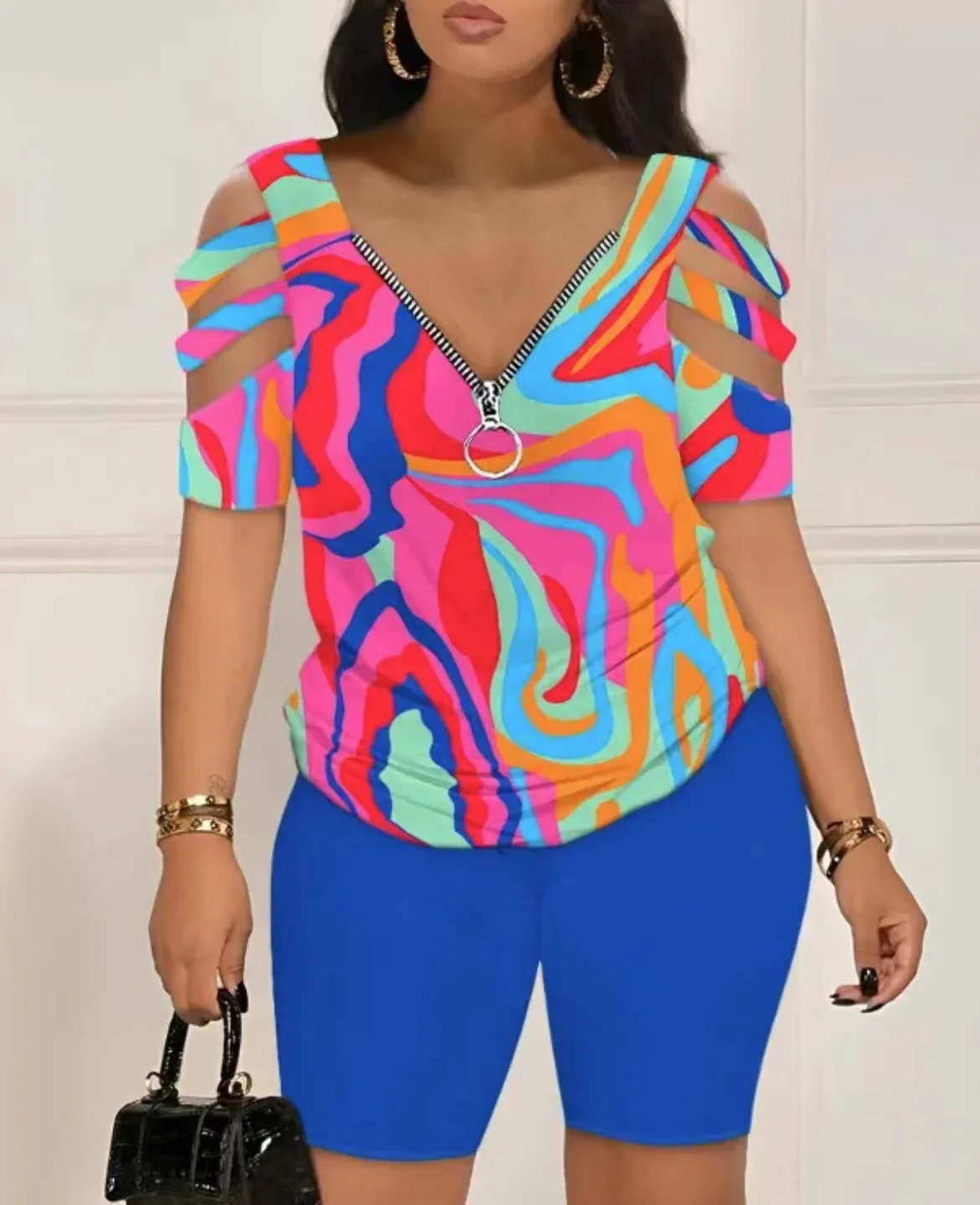 2025 Fashion Sexy Out T Shirt And Shorts 2 Piece Sets Women Outfit Summer Casual Loose Print T Shirts Two Piece Set For Women - Image 8