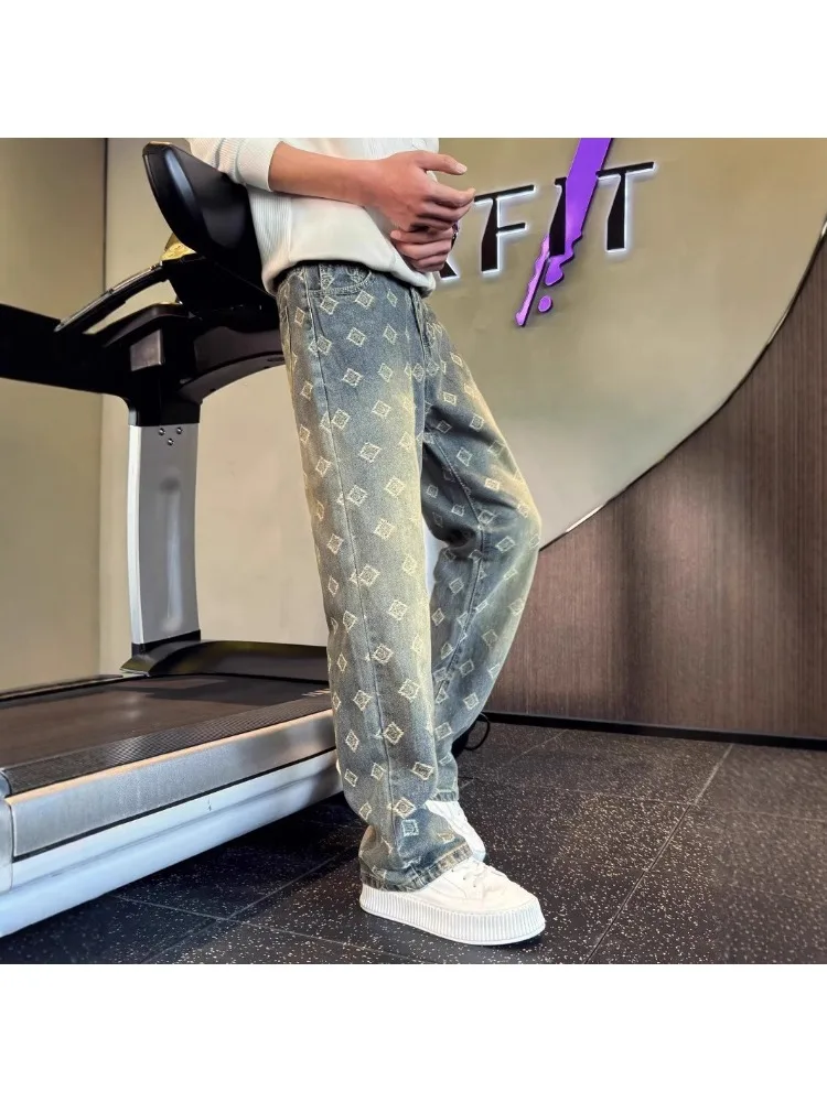 2025 Jacquard Full Print High Street Trendy Brand Ins Design Sense Jeans Loose Straight Tube Washed Wide Leg Long Pants - Image 5