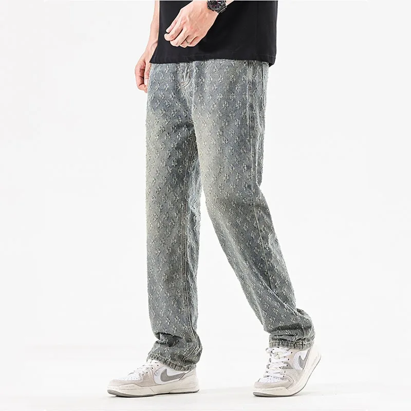 2025 Jacquard Full Print High Street Trendy Brand Ins Design Sense Jeans Loose Straight Tube Washed Wide Leg Long Pants - Image 6