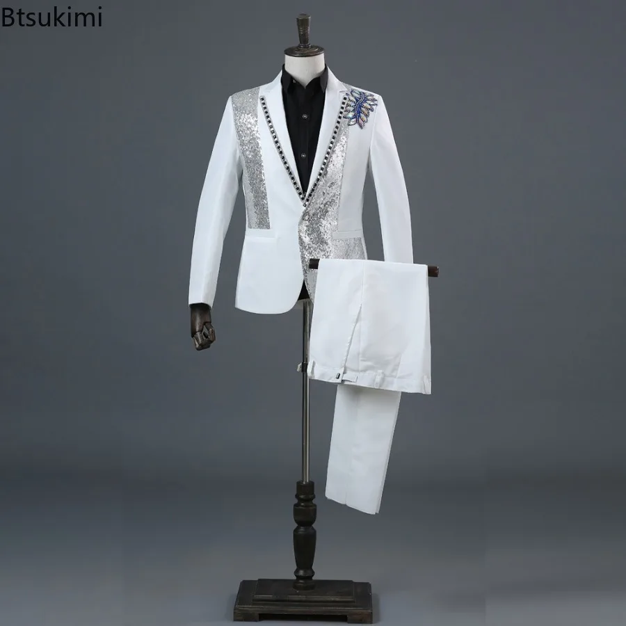 2025 Men's Party Prom Sequin Dress Suit 2 Piece Sets Luxury Classic Black White Diamond Singer Dance Stage Performance Costumes - Image 2