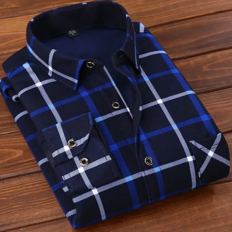 2025 Men's Winter Warm Long Sleeve Plaid Shirts Flannel Fur Lined Thick Formal Shirts Fleece Casual Shirt for Men Dress Shirts - Image 15