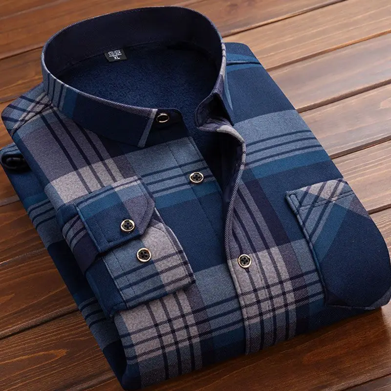 2025 Men's Winter Warm Long Sleeve Plaid Shirts Flannel Fur Lined Thick Formal Shirts Fleece Casual Shirt for Men Dress Shirts - Image 7