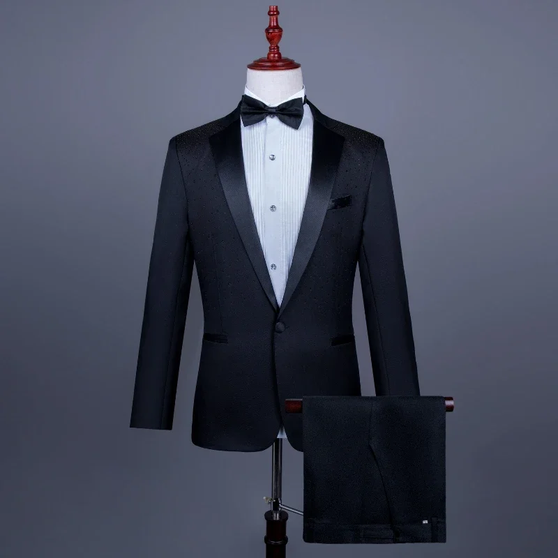 2025 New Black and White Hot Diamond Suits for Men 2-piece,Male Group Chorus/Singer Host/Anchor Dress Performance MC Blazer+Pant - Image 10