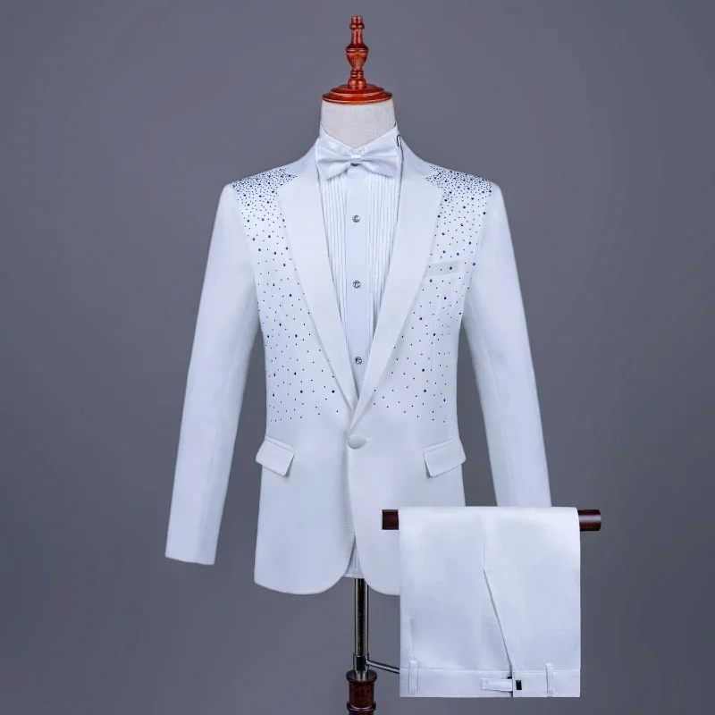 2025 New Black and White Hot Diamond Suits for Men 2-piece,Male Group Chorus/Singer Host/Anchor Dress Performance MC Blazer+Pant - Image 12