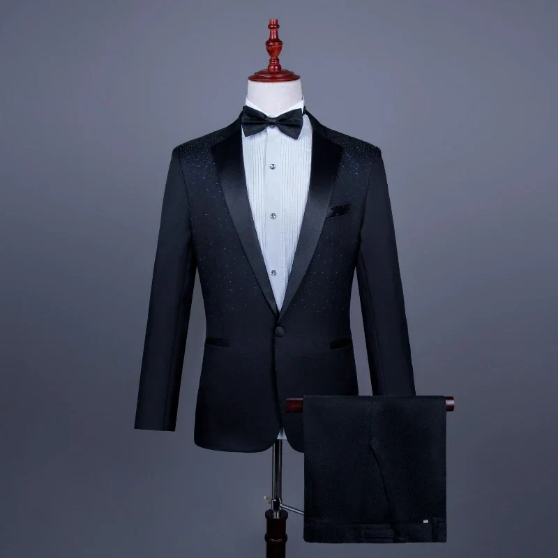 2025 New Black and White Hot Diamond Suits for Men 2-piece,Male Group Chorus/Singer Host/Anchor Dress Performance MC Blazer+Pant - Image 14