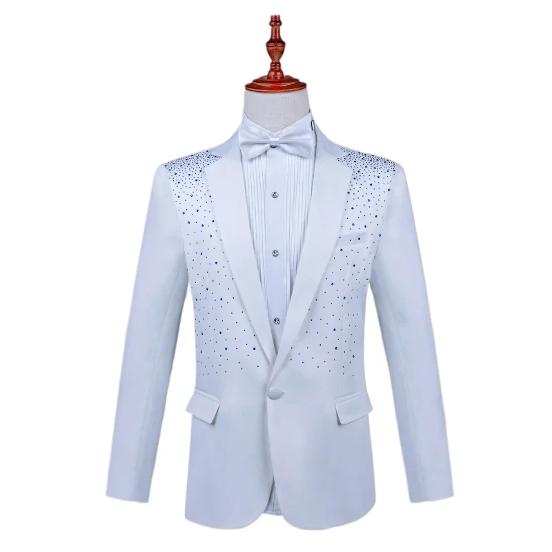 2025 New Black and White Hot Diamond Suits for Men 2-piece,Male Group Chorus/Singer Host/Anchor Dress Performance MC Blazer+Pant - Image 3