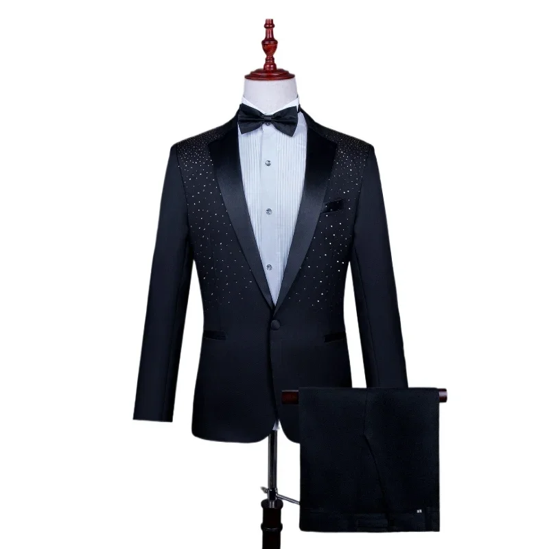 2025 New Black and White Hot Diamond Suits for Men 2-piece,Male Group Chorus/Singer Host/Anchor Dress Performance MC Blazer+Pant - Image 4