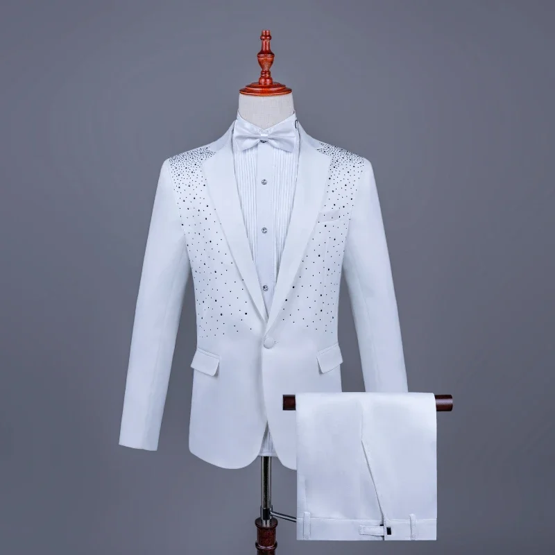 2025 New Black and White Hot Diamond Suits for Men 2-piece,Male Group Chorus/Singer Host/Anchor Dress Performance MC Blazer+Pant - Image 7