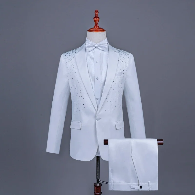 2025 New Black and White Hot Diamond Suits for Men 2-piece,Male Group Chorus/Singer Host/Anchor Dress Performance MC Blazer+Pant - Image 8