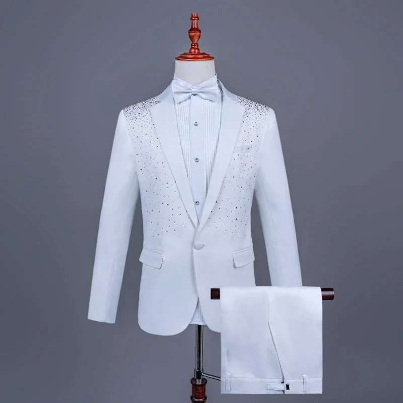 2025 New Black and White Hot Diamond Suits for Men 2-piece,Male Group Chorus/Singer Host/Anchor Dress Performance MC Blazer+Pant - Image 9