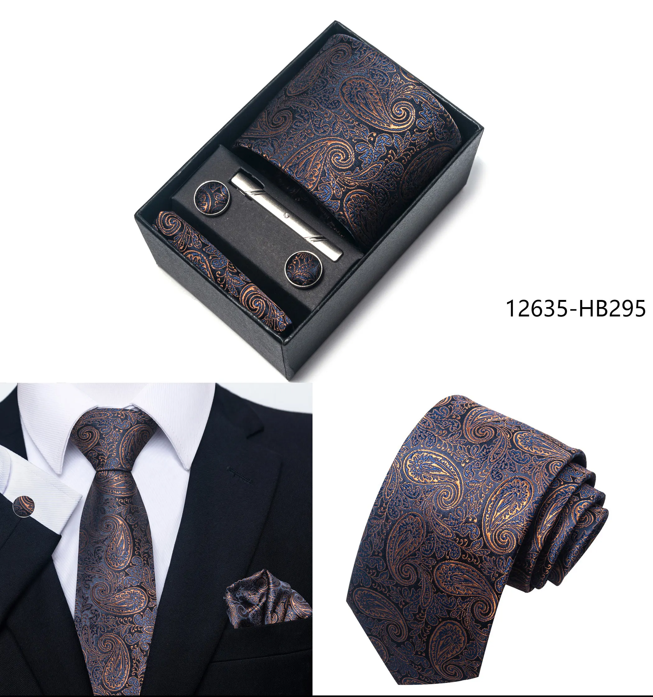 2025 New Design Fashion Brown Paisley Tie Handkerchief Cufflink Set For Men Necktie Clothing Accessories Birthday Present - Image 14