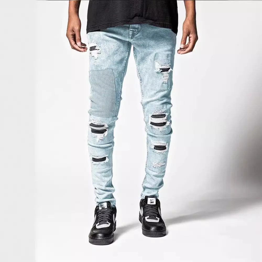 2025 New Men Light Blue Distressed Ripped Stretch Skinny Jeans Slim Fit Trendy Casual Long Pants Multi Color Options - Image 3
