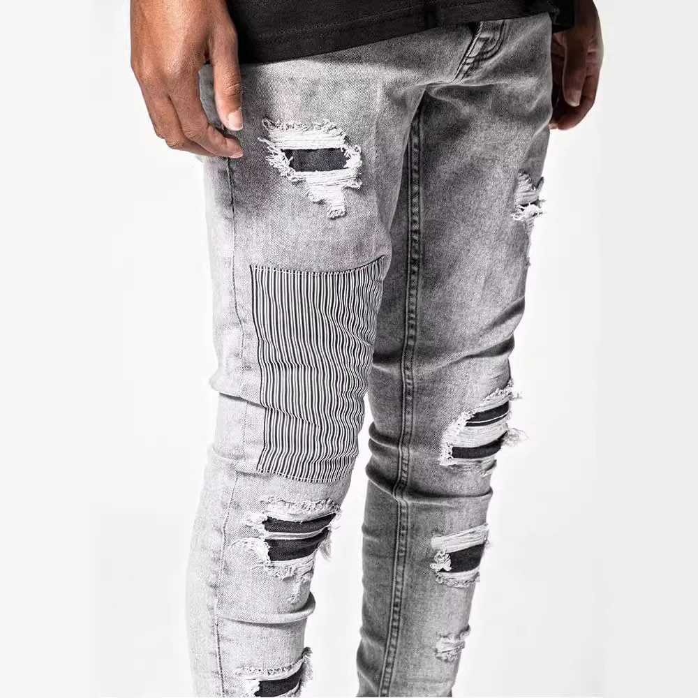 2025 New Men Light Blue Distressed Ripped Stretch Skinny Jeans Slim Fit Trendy Casual Long Pants Multi Color Options - Image 4